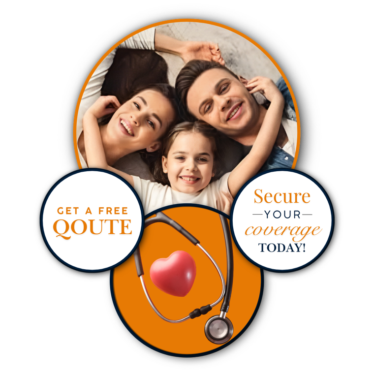 A smiling family with a heart and stethoscope